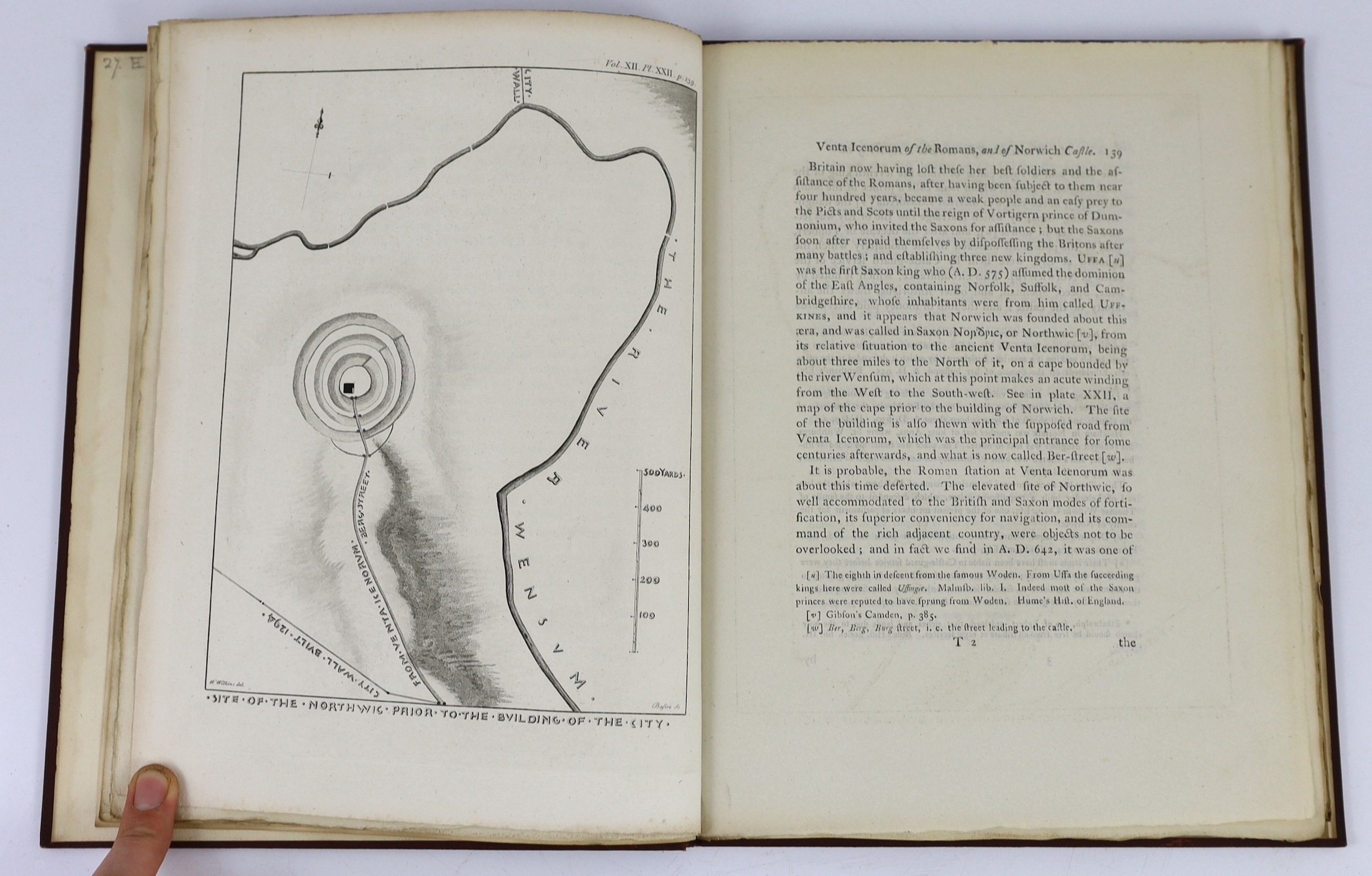 NORFOLK: Brown, P. - The History of Norwich.... 4 lithographed plates, contemp. half calf and marbled boards, gilt decorated panelled spine. Norwich, 1814; bound with - The History of Kett's Rebellion in Norfolk....taken